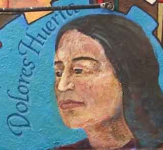 Dolores Huerta in mural by Susan Greene